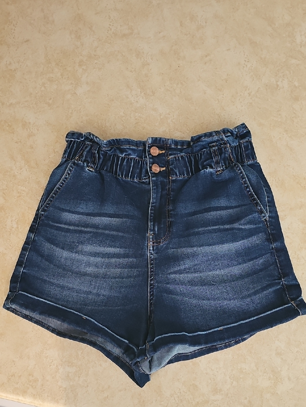 High-Waist Paperbag Dark Blue Denim Shorts